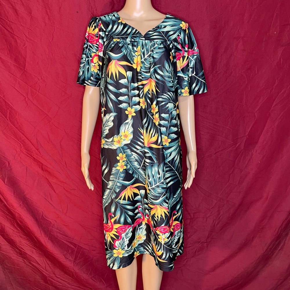 Vintage Anthony Richards Tropical Pink Flamingo Muumuu Lounge Pocket Dress Large